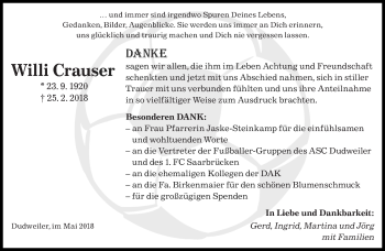 Traueranzeige von Willi Crauser von saarbruecker_zeitung