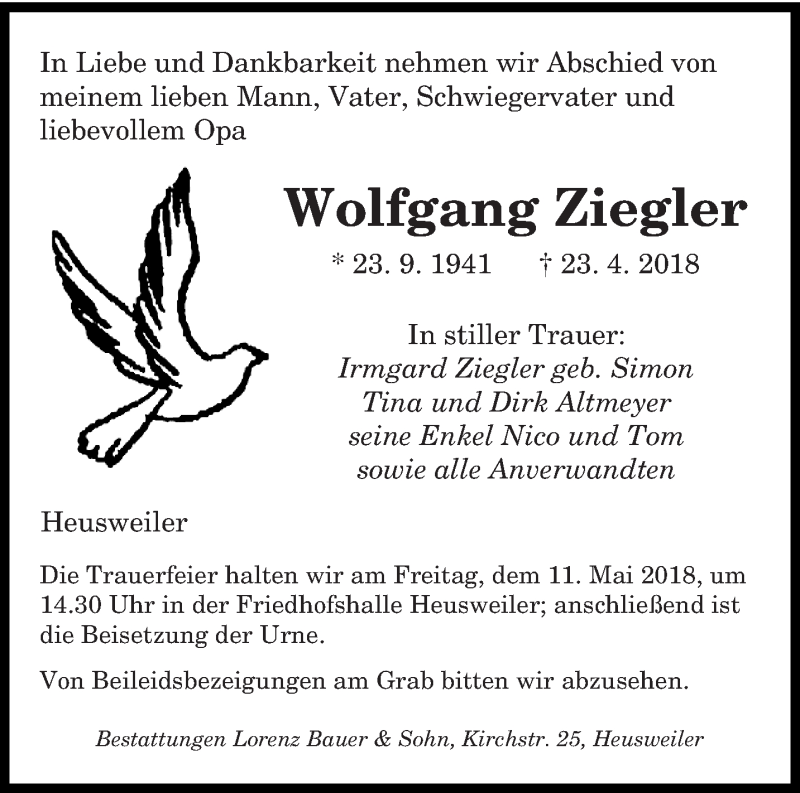  Traueranzeige für Wolfgang Ziegler vom 05.05.2018 aus saarbruecker_zeitung