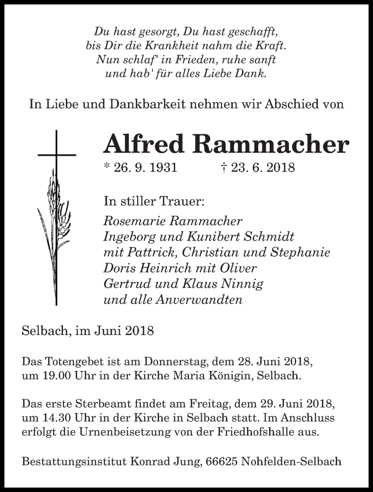  Traueranzeige für Alfred Rammacher vom 27.06.2018 aus saarbruecker_zeitung