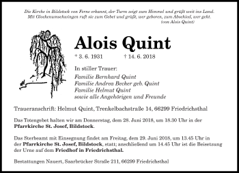 Traueranzeige von Alois Quint von saarbruecker_zeitung