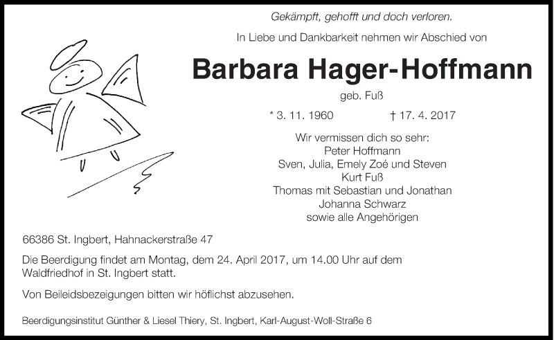  Traueranzeige für Barbara Hager-Hoffmann vom 20.04.2017 aus saarbruecker_zeitung