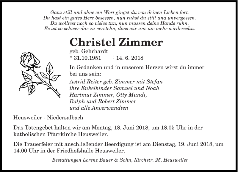  Traueranzeige für Christel Zimmer vom 16.06.2018 aus saarbruecker_zeitung