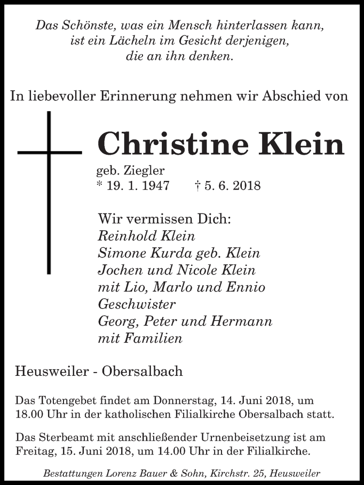  Traueranzeige für Christine Klein vom 11.06.2018 aus saarbruecker_zeitung