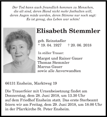 Traueranzeige von Elisabeth Stemmler von saarbruecker_zeitung