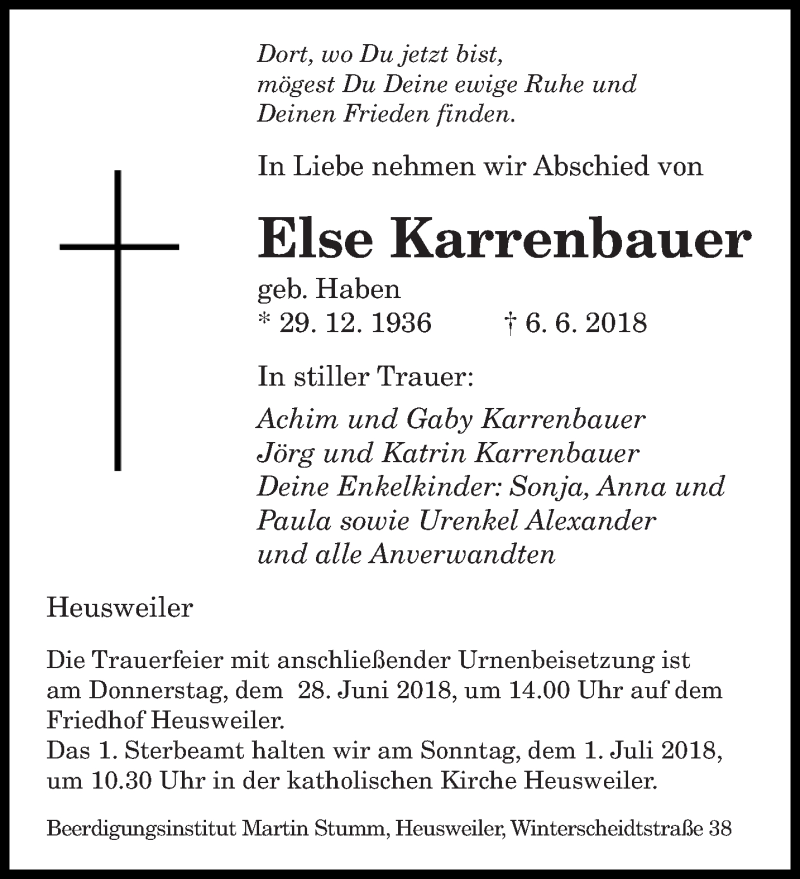  Traueranzeige für Else Karrenbauer vom 25.06.2018 aus saarbruecker_zeitung