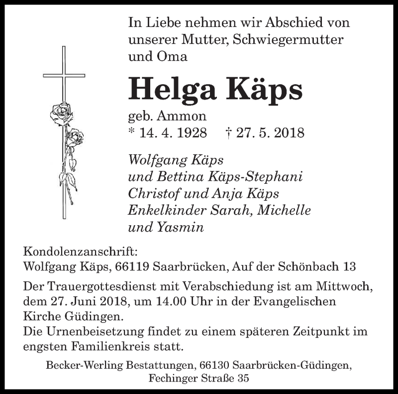  Traueranzeige für Helga Käps vom 20.06.2018 aus saarbruecker_zeitung