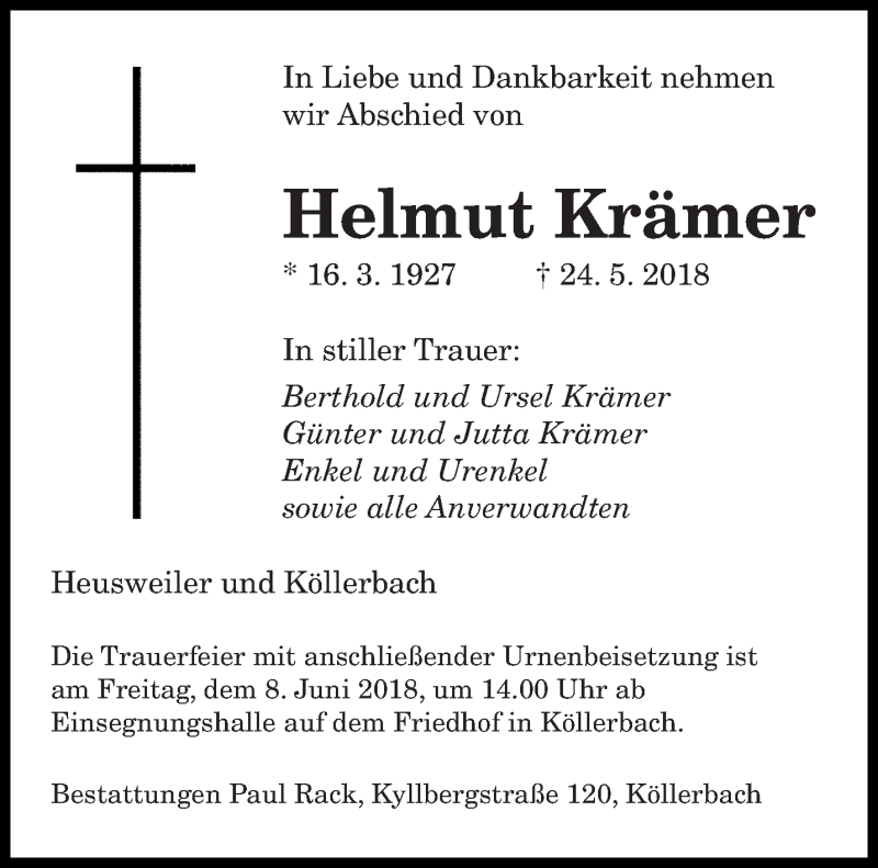  Traueranzeige für Helmut Krämer vom 06.06.2018 aus saarbruecker_zeitung