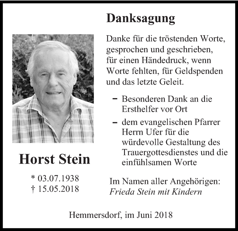  Traueranzeige für Horst Stein vom 16.06.2018 aus saarbruecker_zeitung