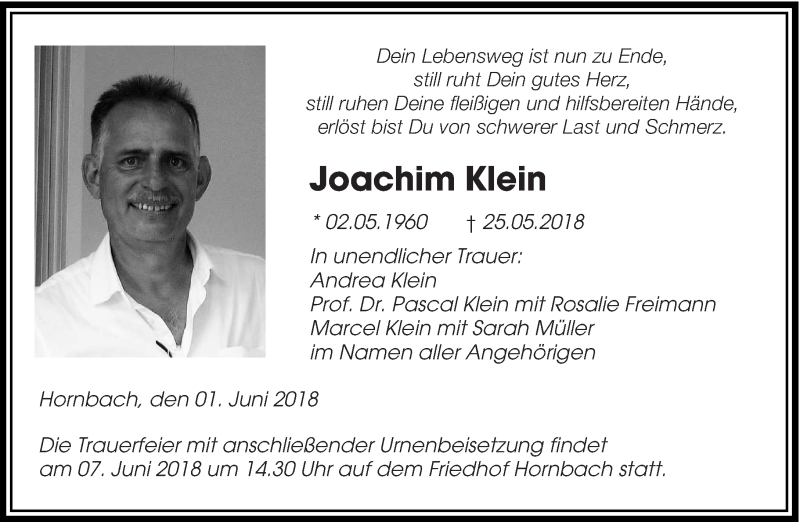 Traueranzeige für Joachim Klein vom 01.06.2018 aus saarbruecker_zeitung