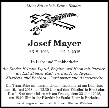 Traueranzeige von Josef Mayer von saarbruecker_zeitung