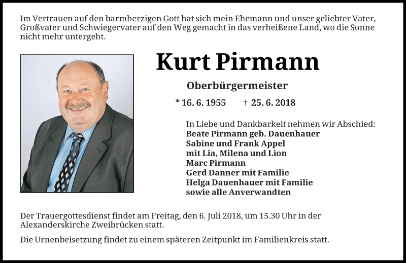  Traueranzeige für Kurt Pirmann vom 28.06.2018 aus saarbruecker_zeitung