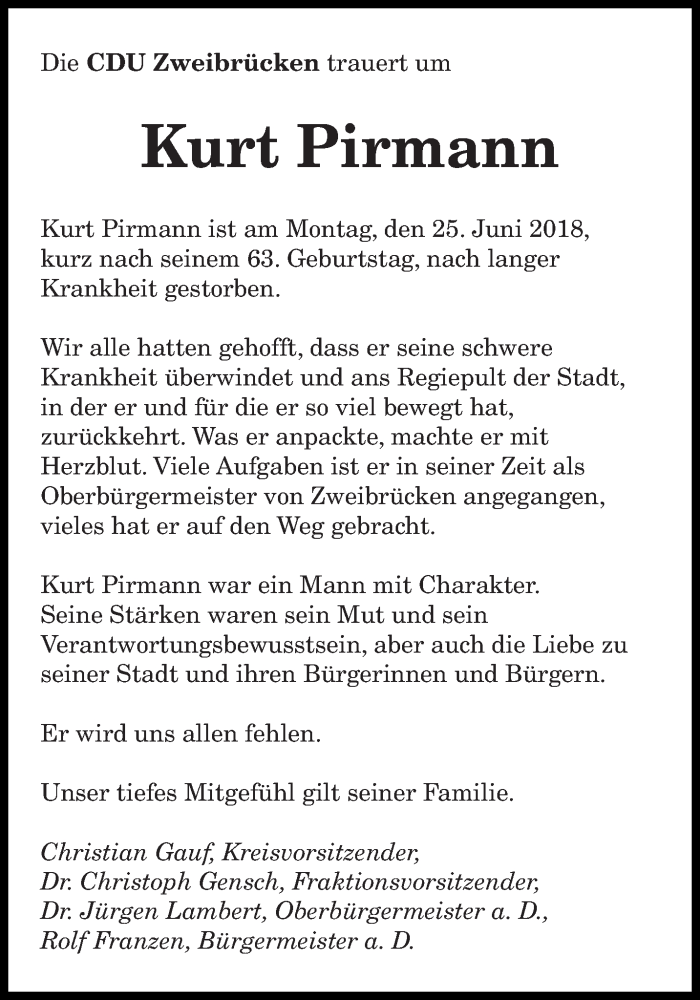  Traueranzeige für Kurt Pirmann vom 29.06.2018 aus saarbruecker_zeitung