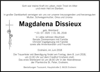 Traueranzeige von Magdalena Dissieux von saarbruecker_zeitung