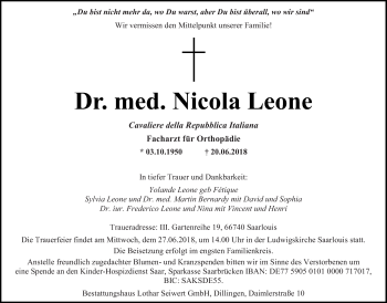 Traueranzeige von Nicola Leone von saarbruecker_zeitung