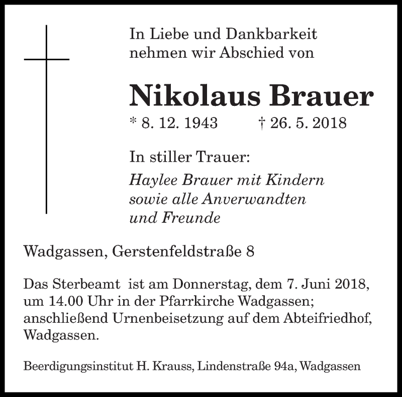  Traueranzeige für Nikolaus Brauer vom 02.06.2018 aus saarbruecker_zeitung