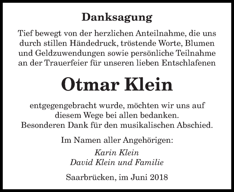  Traueranzeige für Otmar Klein vom 16.06.2018 aus saarbruecker_zeitung