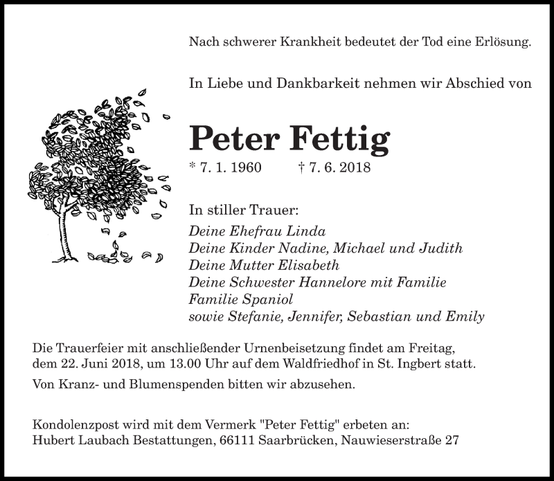  Traueranzeige für Peter Fettig vom 13.06.2018 aus saarbruecker_zeitung