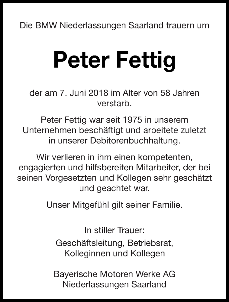  Traueranzeige für Peter Fettig vom 16.06.2018 aus saarbruecker_zeitung