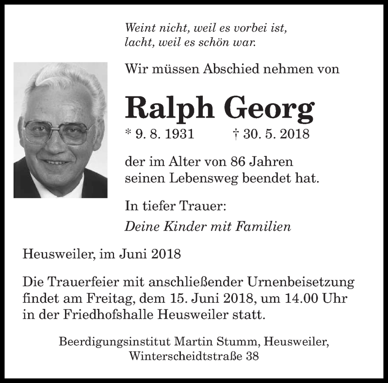  Traueranzeige für Ralph Georg vom 13.06.2018 aus saarbruecker_zeitung