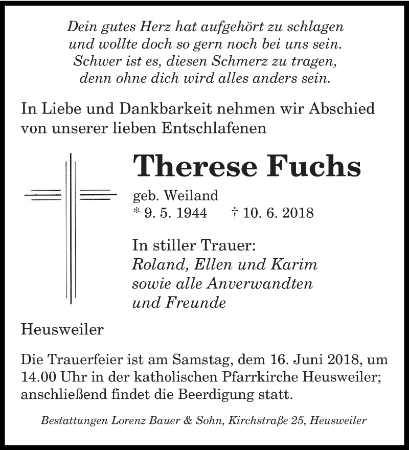  Traueranzeige für Therese Fuchs vom 13.06.2018 aus saarbruecker_zeitung