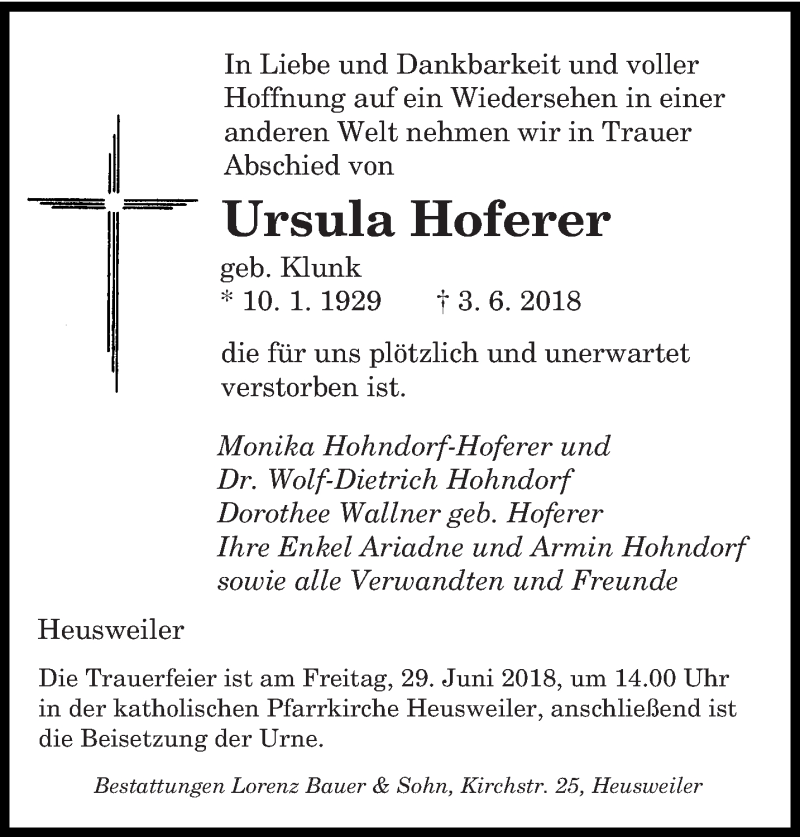  Traueranzeige für Ursula Hoferer vom 23.06.2018 aus saarbruecker_zeitung
