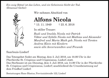 Traueranzeige von Alfons Nicola von saarbruecker_zeitung