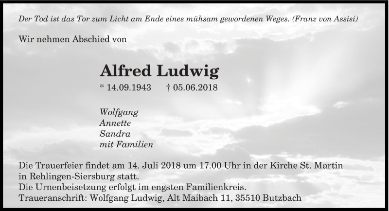  Traueranzeige für Alfred Ludwig vom 07.07.2018 aus saarbruecker_zeitung