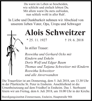 Traueranzeige von Alois Schweitzer von saarbruecker_zeitung