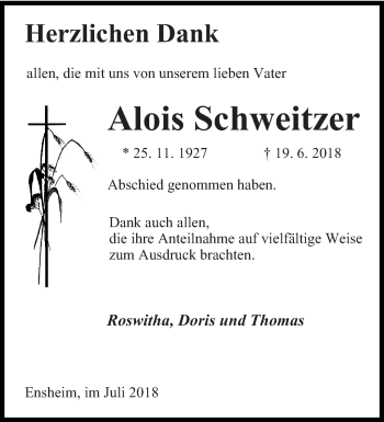 Traueranzeige von Alois Schweitzer von saarbruecker_zeitung