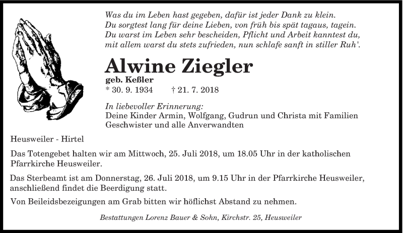 Traueranzeige für Alwine Ziegler vom 24.07.2018 aus saarbruecker_zeitung