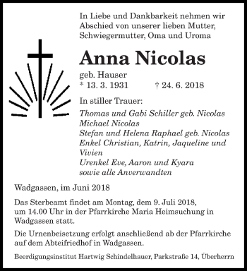 Traueranzeige von Anna Nicolas von saarbruecker_zeitung