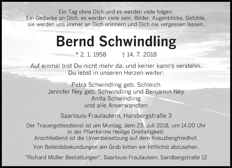  Traueranzeige für Bernd Schwindling vom 18.07.2018 aus saarbruecker_zeitung