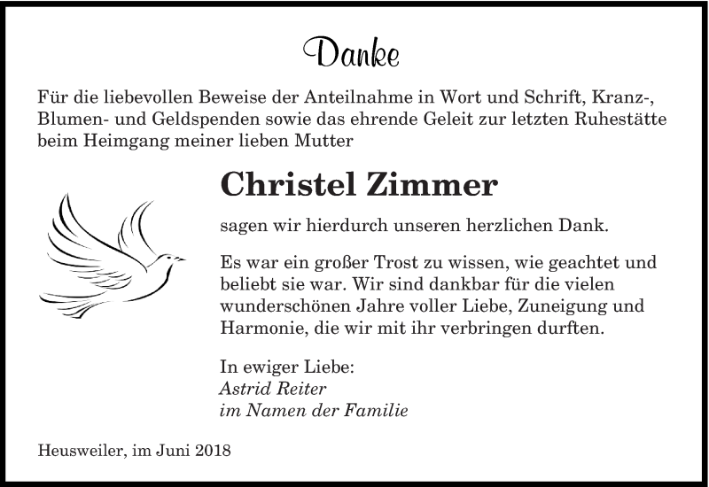  Traueranzeige für Christel Zimmer vom 30.06.2018 aus saarbruecker_zeitung