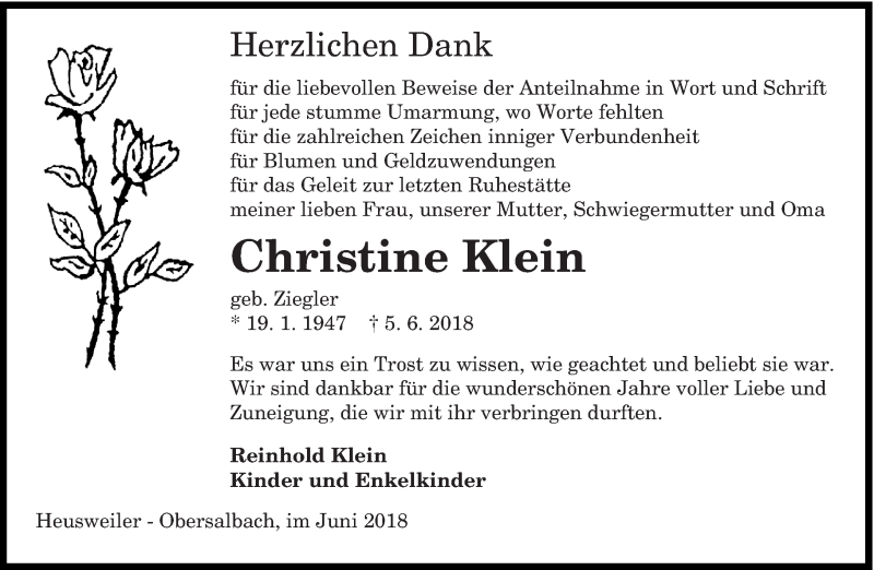  Traueranzeige für Christine Klein vom 30.06.2018 aus saarbruecker_zeitung