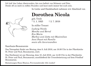 Traueranzeige von Dorothea Nicola von saarbruecker_zeitung