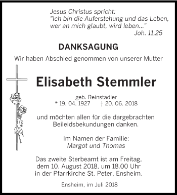 Traueranzeige von Elisabeth Stemmler von saarbruecker_zeitung