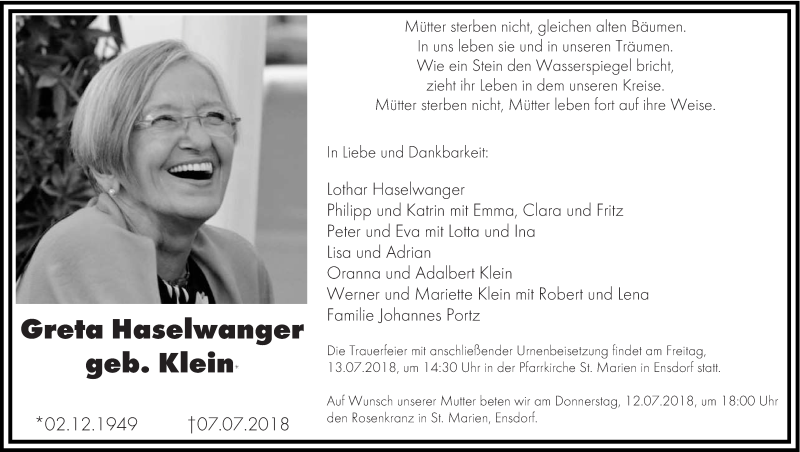  Traueranzeige für Greta Haselwanger vom 11.07.2018 aus saarbruecker_zeitung