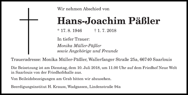  Traueranzeige für Hans-Joachim Päßler vom 07.07.2018 aus saarbruecker_zeitung