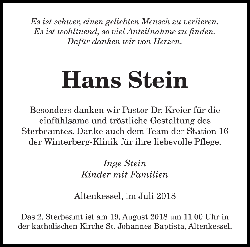  Traueranzeige für Hans Stein vom 28.07.2018 aus saarbruecker_zeitung