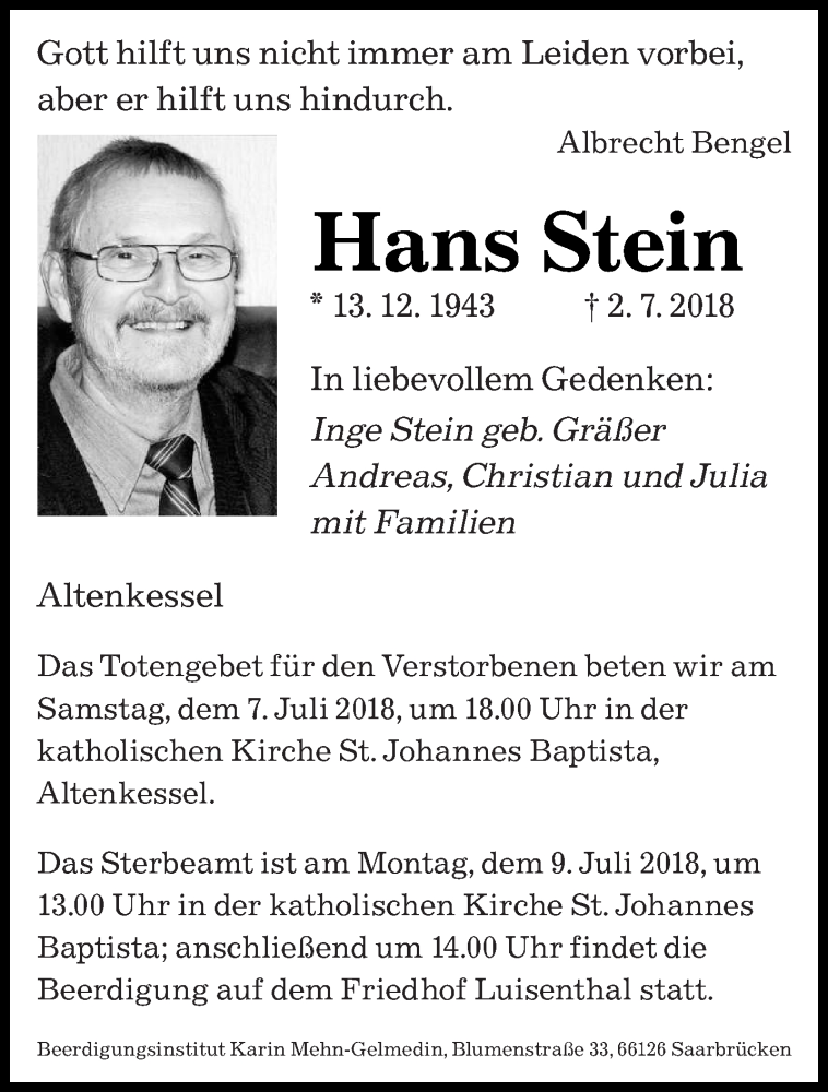  Traueranzeige für Hans Stein vom 05.07.2018 aus saarbruecker_zeitung
