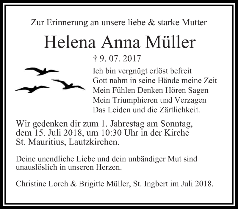  Traueranzeige für Helena Anna Müller vom 09.07.2018 aus saarbruecker_zeitung