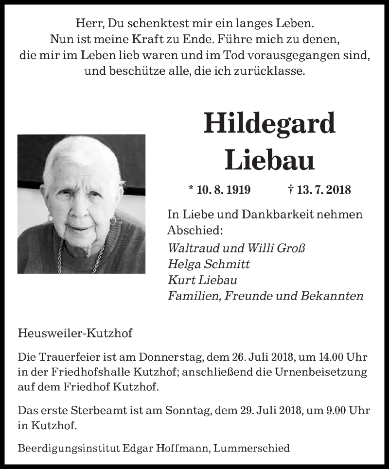  Traueranzeige für Hildegard Liebau vom 23.07.2018 aus saarbruecker_zeitung