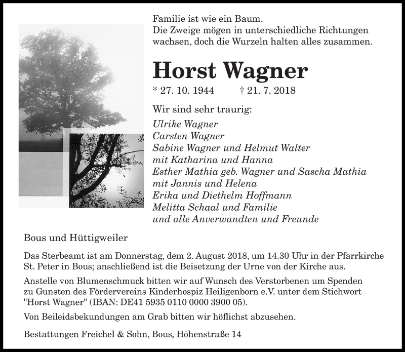  Traueranzeige für Horst Wagner vom 28.07.2018 aus saarbruecker_zeitung