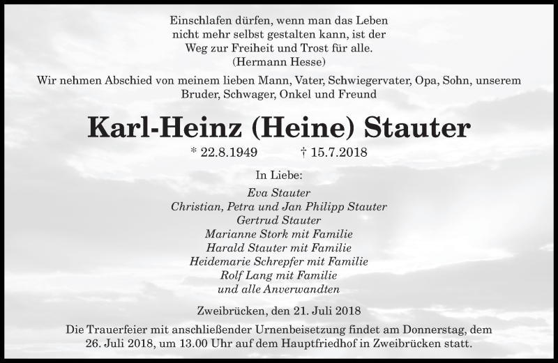  Traueranzeige für Karl-Heinz Stauter vom 21.07.2018 aus saarbruecker_zeitung
