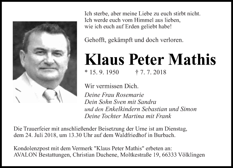  Traueranzeige für Klaus Peter Mathis vom 21.07.2018 aus saarbruecker_zeitung