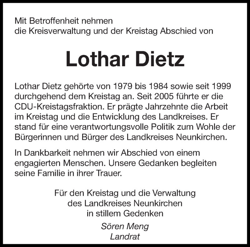  Traueranzeige für Lothar Dietz vom 21.07.2018 aus saarbruecker_zeitung