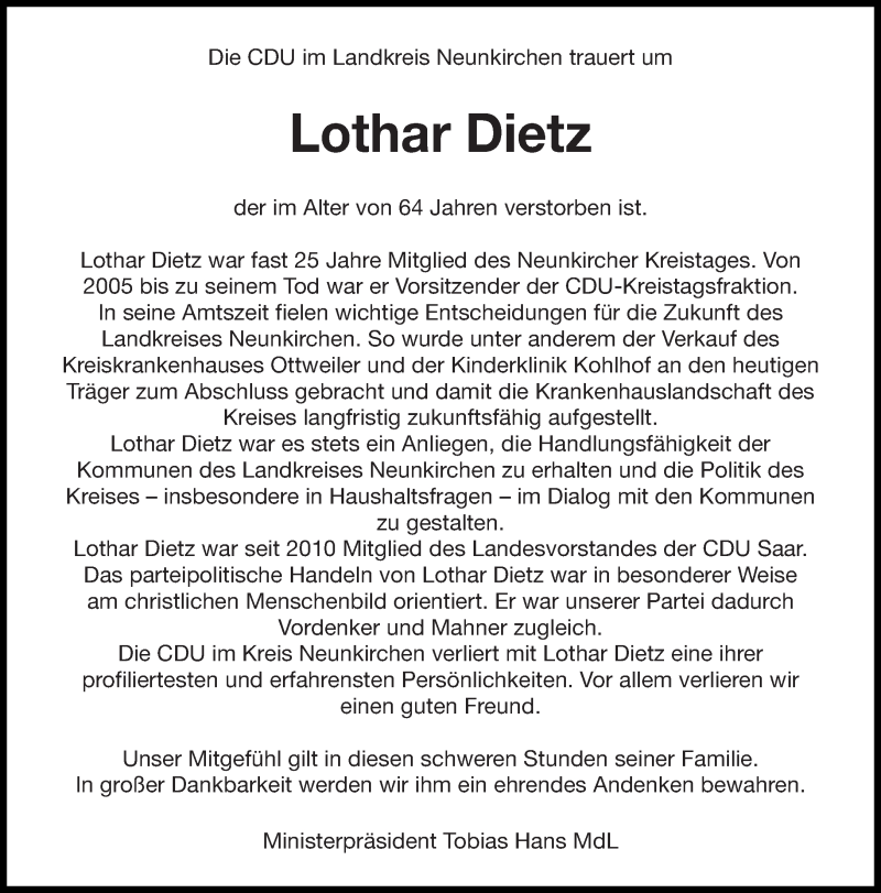  Traueranzeige für Lothar Dietz vom 21.07.2018 aus saarbruecker_zeitung