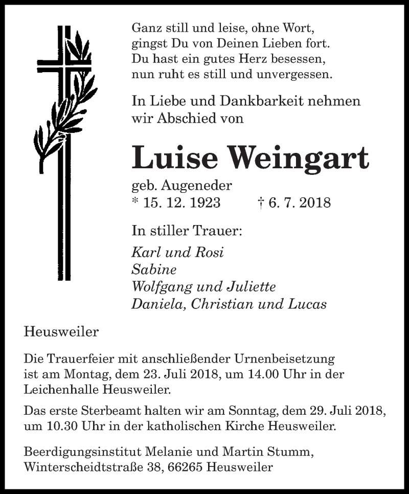  Traueranzeige für Luise Weingart vom 20.07.2018 aus saarbruecker_zeitung