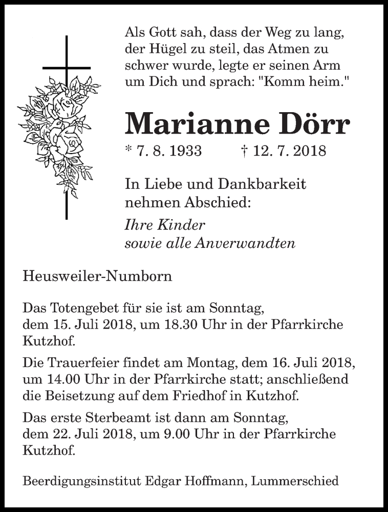  Traueranzeige für Marianne Dörr vom 14.07.2018 aus saarbruecker_zeitung