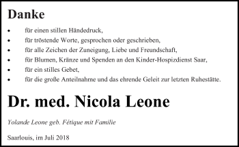 Traueranzeige von Nicola Leone von saarbruecker_zeitung